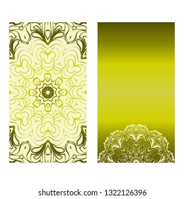 Vintage Cards With Floral Mandala Pattern. Vector Template. The Front And Rear Side. Green olive color.