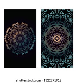 Vintage Cards With Floral Mandala Pattern. Vector Template. The Front And Rear Side. Dark green color.