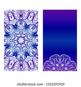 Vintage Cards With Floral Mandala Pattern. Vector Template. The Front And Rear Side. Blue, purple silver color.