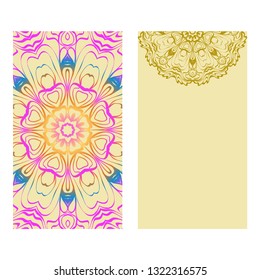 Vintage Cards With Floral Mandala Pattern. Vector Template. The Front And Rear Side. rainbow color.