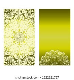Vintage Cards With Floral Mandala Pattern. Vector Template. The Front And Rear Side. Green olive color.