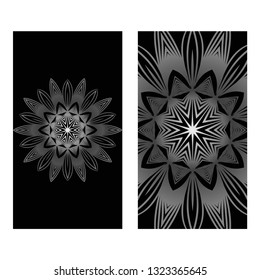 Vintage Cards With Floral Mandala Pattern. Vector Template. The Front And Rear Side. Black silver color.