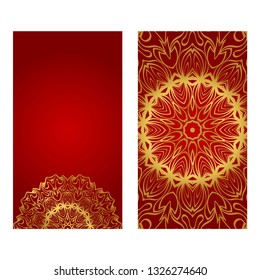 Vintage Cards With Floral Mandala Pattern. Vector Template. The Front And Rear Side. Red gold luxury color.