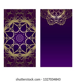 Vintage Cards With Floral Mandala Pattern. Vector Template. The Front And Rear Side. Luxury template. Purple gold color.
