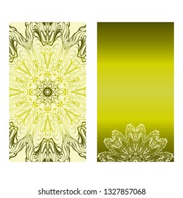 Vintage Cards With Floral Mandala Pattern. Vector Template. The Front And Rear Side. Green olive color.