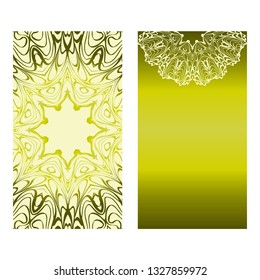Vintage Cards With Floral Mandala Pattern. Vector Template. The Front And Rear Side. Green olive color.