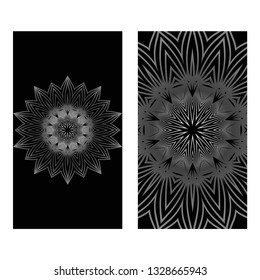 Vintage Cards With Floral Mandala Pattern. Vector Template. The Front And Rear Side. Black silver color.