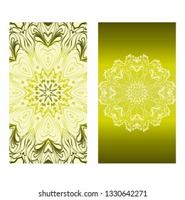 Vintage Cards With Floral Mandala Pattern. Vector Template. The Front And Rear Side. Green olive color.