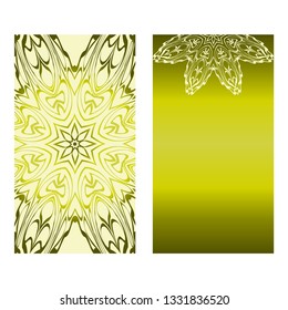 Vintage Cards With Floral Mandala Pattern. Vector Template. The Front And Rear Side. Green olive color.