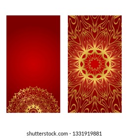 Vintage Cards With Floral Mandala Pattern. Vector Template. The Front And Rear Side. Red gold luxury color.