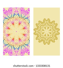 Vintage Cards With Floral Mandala Pattern. Vector Template. The Front And Rear Side. rainbow color.