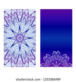 Vintage Cards With Floral Mandala Pattern. Vector Template. The Front And Rear Side. Blue, purple silver color.