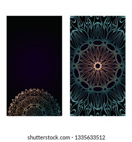 Vintage Cards With Floral Mandala Pattern. Vector Template. The Front And Rear Side. Dark green color.