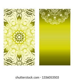 Vintage Cards With Floral Mandala Pattern. Vector Template. The Front And Rear Side. Green olive color.
