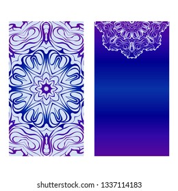 Vintage Cards With Floral Mandala Pattern. Vector Template. The Front And Rear Side. Blue, purple silver color.