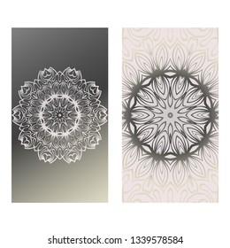 Vintage Cards With Floral Mandala Pattern. Vector Template. The Front And Rear Side. Grey silver color.