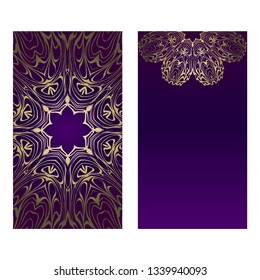 Vintage Cards With Floral Mandala Pattern. Vector Template. The Front And Rear Side. Luxury template. Purple gold color.
