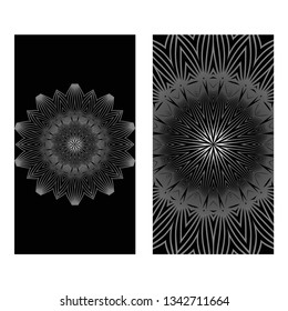 Vintage Cards With Floral Mandala Pattern. Vector Template. The Front And Rear Side. Black silver color.