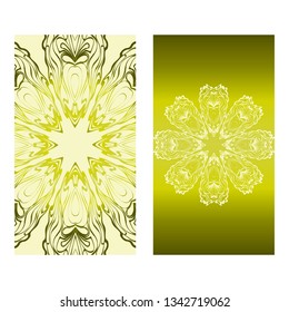 Vintage Cards With Floral Mandala Pattern. Vector Template. The Front And Rear Side. Green olive color.