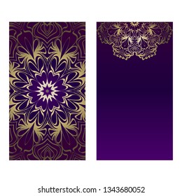 Vintage Cards With Floral Mandala Pattern. Vector Template. The Front And Rear Side. Luxury template. Purple gold color.