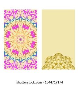 Vintage Cards With Floral Mandala Pattern. Vector Template. The Front And Rear Side. rainbow color.