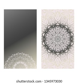 Vintage Cards With Floral Mandala Pattern. Vector Template. The Front And Rear Side. Grey silver color.