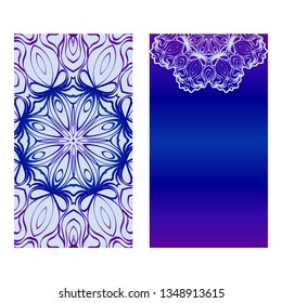 Vintage Cards With Floral Mandala Pattern. Vector Template. The Front And Rear Side. Blue, purple silver color.