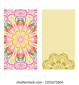 Vintage Cards With Floral Mandala Pattern. Vector Template. The Front And Rear Side. rainbow color.