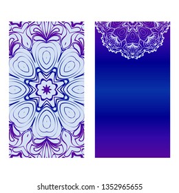 Vintage Cards With Floral Mandala Pattern. Vector Template. The Front And Rear Side. Blue, purple silver color.