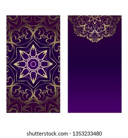 Vintage Cards With Floral Mandala Pattern. Vector Template. The Front And Rear Side. Luxury template. Purple gold color.