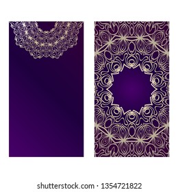 Vintage Cards With Floral Mandala Pattern. Vector Template. The Front And Rear Side. Luxury purple gold color.