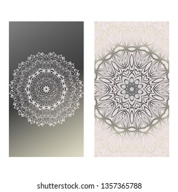 Vintage Cards With Floral Mandala Pattern. Vector Template. The Front And Rear Side. Grey silver color.