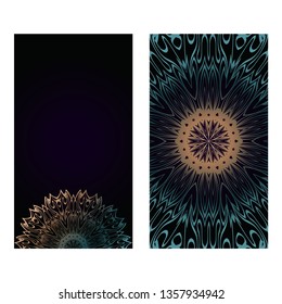 Vintage Cards With Floral Mandala Pattern. Vector Template. The Front And Rear Side. Dark green color.