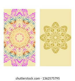 Vintage Cards With Floral Mandala Pattern. Vector Template. The Front And Rear Side. rainbow color.