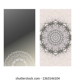 Vintage Cards With Floral Mandala Pattern. Vector Template. The Front And Rear Side. Grey silver color.