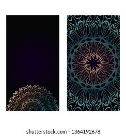 Vintage Cards With Floral Mandala Pattern. Vector Template. The Front And Rear Side. Dark green color.