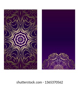 Vintage Cards With Floral Mandala Pattern. Vector Template. The Front And Rear Side. Luxury template. Purple gold color.