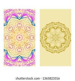 Vintage Cards With Floral Mandala Pattern. Vector Template. The Front And Rear Side. rainbow color.