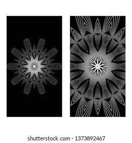 Vintage Cards With Floral Mandala Pattern. Vector Template. The Front And Rear Side. Black silver color.