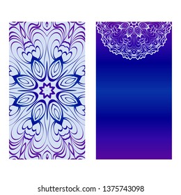 Vintage Cards With Floral Mandala Pattern. Vector Template. The Front And Rear Side. Blue, purple silver color.