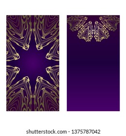 Vintage Cards With Floral Mandala Pattern. Vector Template. The Front And Rear Side. Luxury template. Purple gold color.