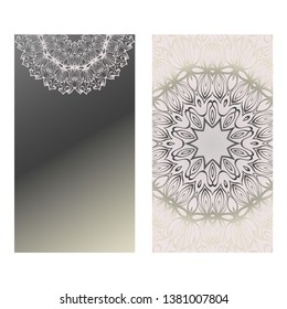 Vintage Cards With Floral Mandala Pattern. Vector Template. The Front And Rear Side. Grey silver color.