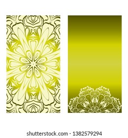 Vintage Cards With Floral Mandala Pattern. Vector Template. The Front And Rear Side. Green olive color.