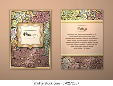 Vintage cards with Floral mandala pattern and ornaments. Vector Flyer oriental design Layout template, size A5. Islam, Arabic, Indian, ottoman motifs. Front page and back page. Easy to use and edit.