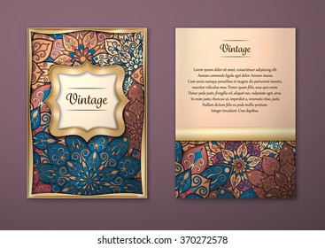 Vintage cards with Floral mandala pattern and ornaments. Vector Flyer oriental design Layout template, size A5. Islam, Arabic, Indian, ottoman motifs. Front page and back page. Easy to use and edit.