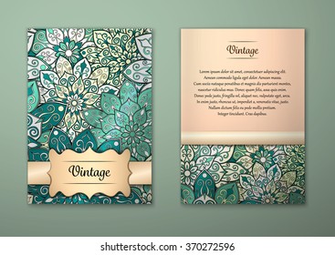 Vintage cards with Floral mandala pattern and ornaments. Vector Flyer oriental design Layout template, size A5. Islam, Arabic, Indian, ottoman motifs. Front page and back page. Easy to use and edit.