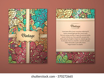 Vintage cards with Floral mandala pattern and ornaments. Vector Flyer oriental design Layout template, size A5. Islam, Arabic, Indian, ottoman motifs. Front page and back page. Easy to use and edit.