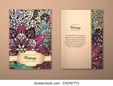 Vintage cards with Floral mandala pattern and ornaments. Vector Flyer oriental design Layout template, size A5. Islam, Arabic, Indian, ottoman motifs. Front page and back page. Easy to use and edit.