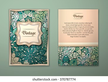 Vintage cards with Floral mandala pattern and ornaments. Vector Flyer oriental design Layout template, size A5. Islam, Arabic, Indian, ottoman motifs. Front page and back page. Easy to use and edit.