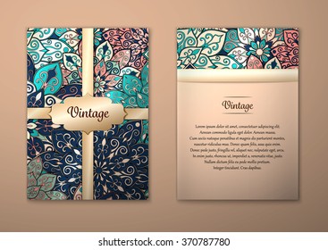 Vintage cards with Floral mandala pattern and ornaments. Vector Flyer oriental design Layout template, size A5. Islam, Arabic, Indian, ottoman motifs. Front page and back page. Easy to use and edit.